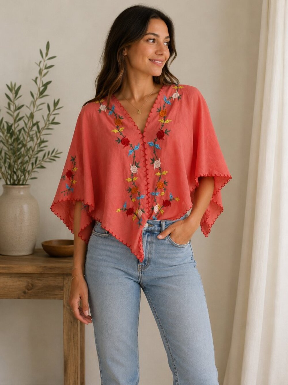 Coral Floral Embroidered Cape Sleeve Boho Top Size Small